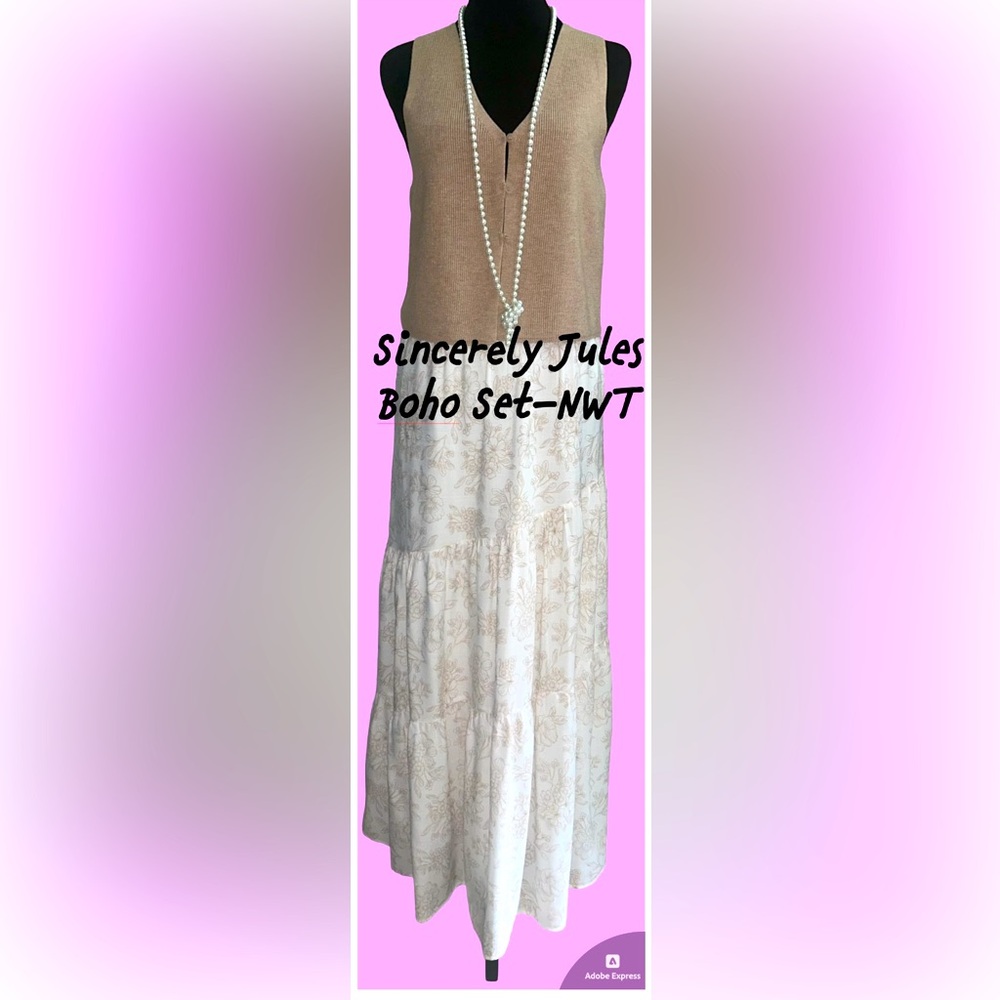 🌸Sincerely Jules SET Tan Knit Top‎ with 3 Tier Maxi Skirt-NWT🌸